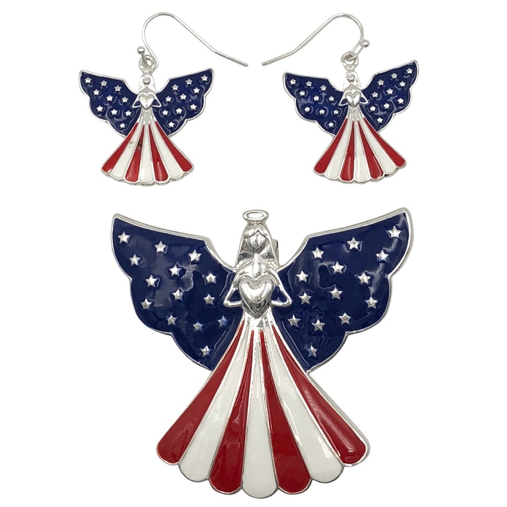 American Flag Angel Pendant Earrings Set American Flag